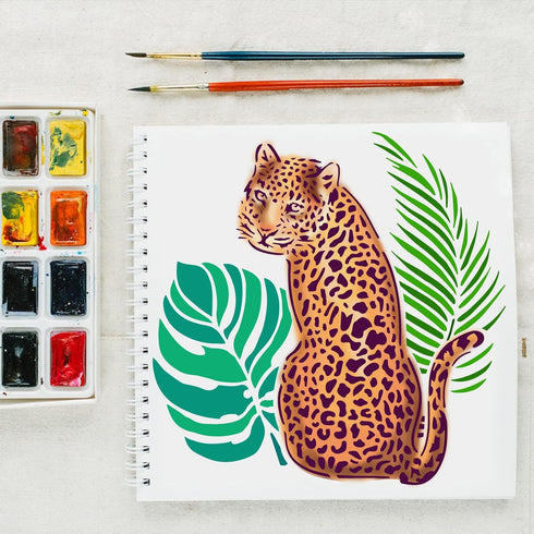 FINGERINSPIRE Leopard Stencil 11.8x11.8inch Reusable Tropical Leopard Painting Stencil DIY Art Tropical Leaf Drawing Template Plants Animal Stenci...
