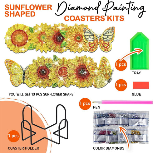 10 pcs Diamond Painting Coasters | Diamond Art Coasters | Sunflower Diamond Art Painting | Perfect Art Craft Gift for Sunflower Lover, Dad, Mom, G...