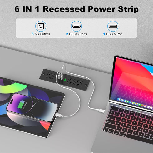 Recessed Power Strip USB C, MAX 30W Power Delivery, Built in 3 Outlets & 2 USB-C Ports & 1 USB-A for Flush Mount Furniture Conference Desktop, 6FT...