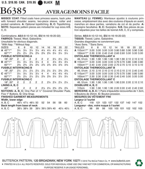 Butterick Patterns B6385 E5 Misses' Funnel-Neck, Peter Pan or Pointed Collar Coats with Custom Cup Sizes by Lisette, Size 14-22 (6385)...