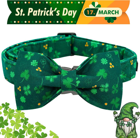 Elegant little tail St. Patrick's Day Dog Collar, Dog Collar with Bow, Green Clover Dog Collar Pet Gift Dog Bowtie Adjustable Dog Collar for Large...