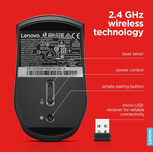 Lenovo 700 Wireless Laser Mouse, Black, 1600 dpi, 2.4 GHz wireless via USB, 4-way scroll wheel, Full-size ergonomic design, Accurate laser sensor,...