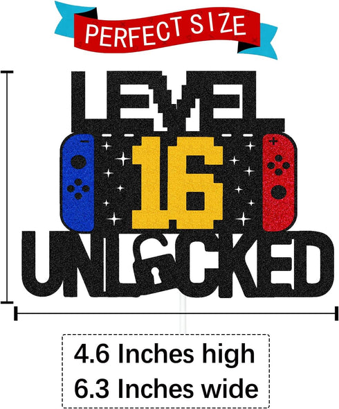 Level 16th Unlocked Sign Cake Topper Happy 16th Birthday Level Up Sixteenth Cake Decorations for Video Game Controller Themed Kids Boy Girl Bday P...