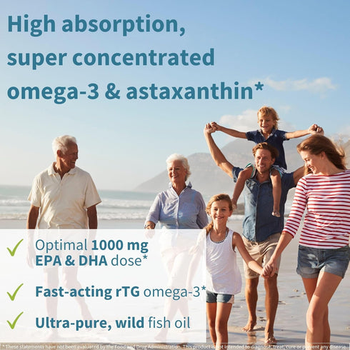 Super Concentrated rTG Omega 3 Wild Fish Oil 1000mg, Clean Label Free from Environmental Toxins, EPA DHA, 2:1 Ratio, Non-GMO, Astaxanthin 1mg, Lem...