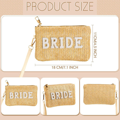 Bride Straw Clutch Purse Pearl Rhinestone Wedding Straw Handbag Women's Bohemian Wristlet Purse for Honeymoon Bridal...