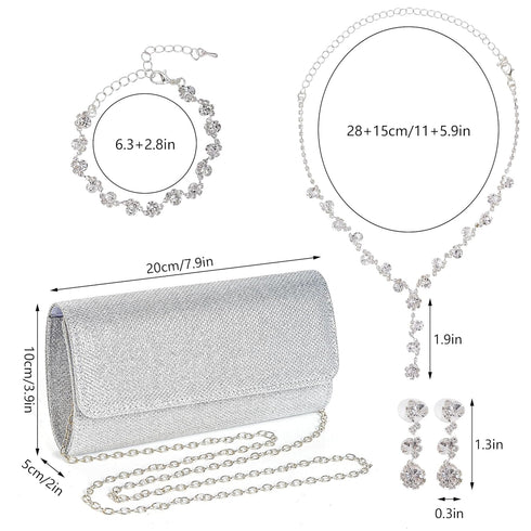 4 Pieces Women Evening Rhinestone Jewelry Set Bling Glitter Silver Clutch Purse Necklace Earrings Bracelets for Women Bride Wedding Evening Party...