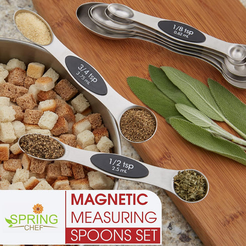 Spring Chef Stainless Steel Magnetic Measuring Spoons Set with Strong N45 Magnets, Heavy Duty Metal Kitchen Gadgets for Baking & Cooking, Fits in ...