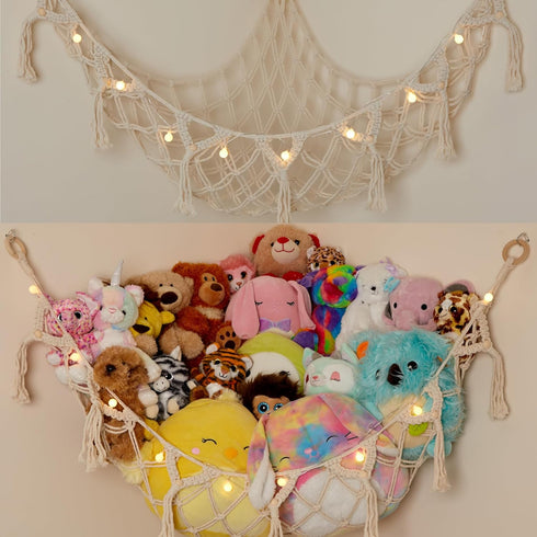 Stuffed Animal Storage Macrame Hammock w/String Lights, Large - Boho Room Decor Toy Storage - Corner Hanging Plushie Stuffed Animal Net Organizer ...