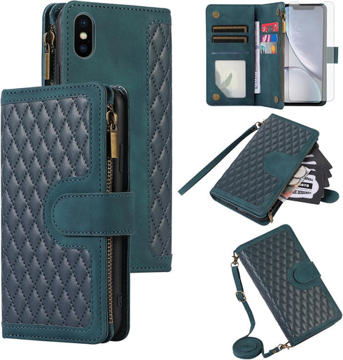 Asuwish Phone Case for iPhone Xs Max Wallet Cover with Tempered Glass Screen Protector and Wrist Strap Leather Flip Zipper Card Holder Cell i X XR...