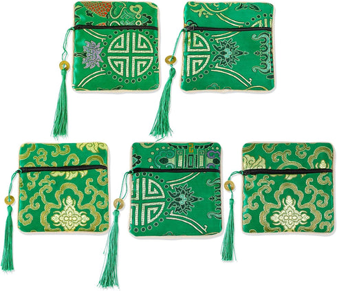5PCS Jewelry Silk Purse Pouch, Chinese Silk Style Zipper Brocade Embroidered Bag for Women Coin Wallet (Green)...