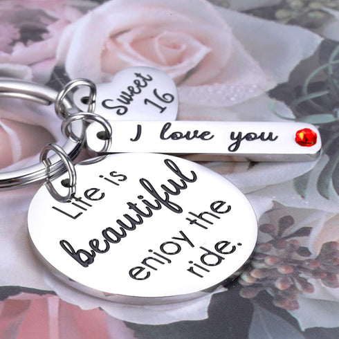 Sweet 16 keychain Gifts for Girls Daughter Son from Dad Mum Life is Beautiful Enjoy the Ride 16th Birthday Gift for Teens Boys Jesus Baptism Keyri...