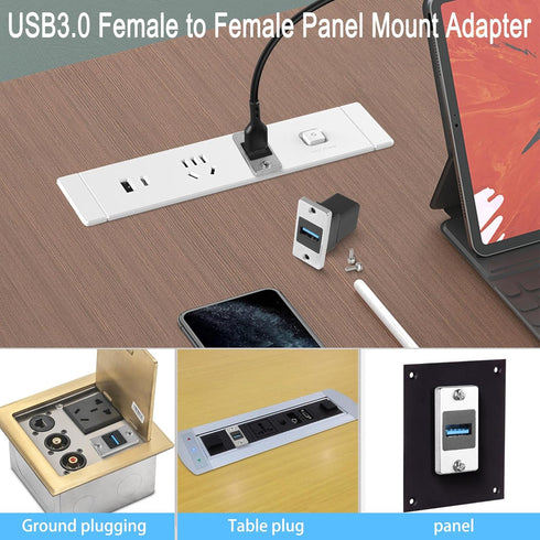 QIANRENON 5Gbps USB3.0 Rectangular Metal Panel Adapter USB3.0 Female to Female Panel Mount Connector USB 3.0 Mounting Socket Data Module 5V/0.5A C...