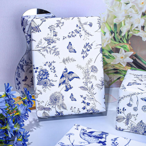 JarThenaAMCS Blue White Floral Wrapping Paper Roll Chinoiserie Flower Bird Gift Wrap Paper Decorative DIY Art Craft Paper for Wedding Birthday Bab...