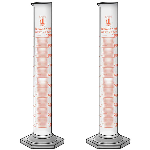 100ml Graduated Cylinder, Borosilicate 3.3 Glass, Single Metric Scale, Class B, Karter Scientific 246I7 (Pack of 2)...