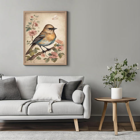 Posterizer 1 pcs- Beautiful yellow and blue bird with wild pink flowers-Art for Animal Lovers-Floral Botanical Art- Gift for Men Women Teens-Decor...