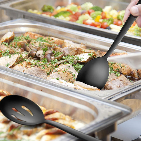 E-far Matte Black Serving Utensils Set of 6, Stainless Steel 8.7 Inch Hostess Serving Set with Square Edge, Metal Serving Slotted Spoons Forks for...