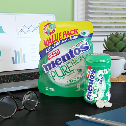 Mentos Pure Fresh Sugar-Free Chewing Gum with Xylitol, Spearmint, 120 Piece Bulk Resealable Bag (Pack of 1)...