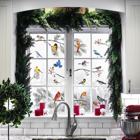 Yovkky Winter Bird Pine Tree Branch Window Clings 9 Sheet, Cardinal Bullfinch Chickadee Robin Glass Sticker Decal Snow Christmas Decor Home Kitche...