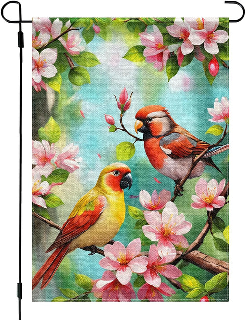 Spring Summer Flower Garden Flags, 12x18 Inch Small Double Sided Seasonal Flags, Burlap Floral Birds Leaves Garden Flag for Outside Farmhouse Home...