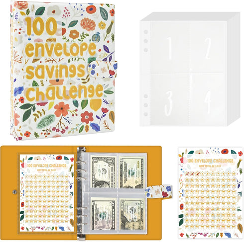 Vienrose 100 Expense Envelopes Money Saving Binder, Cash Challenge Binder for Saving $5,050, Budget Book Planner with Expense Pouches (Wildflowers...