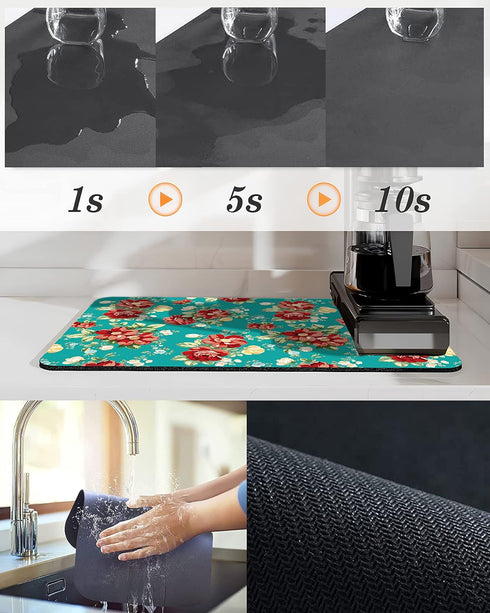 Coffee Bar Mat Accessories for Countertop Pioneer Flower Absorbent Hide Stain Rubber Backed Dish Drying Mats for Kitchen Counter Draining Pad Deco...