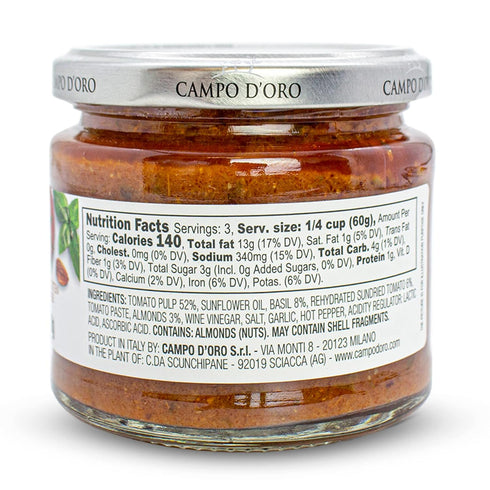 Trapanese Pesto Sauce, made with Tomato Sauce, Basil & Almonds. Italian Specialties. 6.3oz (180g). 100% made in Italy. By Campo D'Oro...