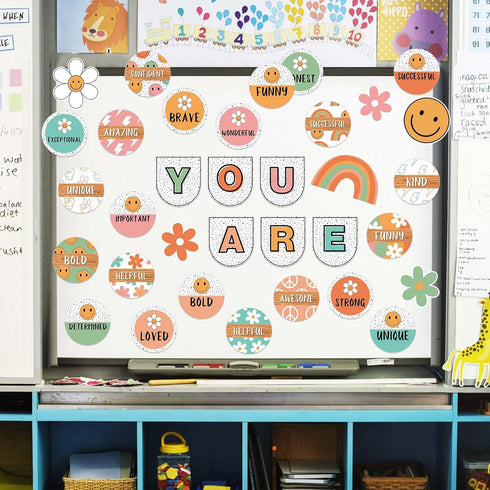 Boho Groovy Affirmation Station Bulletin Board Set Retro Motivational Inspirational Paper Cutouts with Glue Points Positive Bulletin Board Decor f...