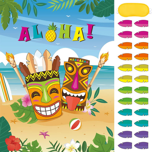 WERNNSAI Pin The Feather on The Tiki Party Games - Hawaiian Luau Party Supplies for Kids Boys 21’’ x 28’’ Aloha Poster with 24 Pcs Stickers for Ba...