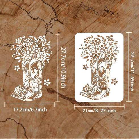 FINGERINSPIRE Cowboy Boots and Flower Painting Stencil 8.3x11.7inch Reusable Western Theme Drawing Template PET Plastic Hollow Out Stencils for Pa...