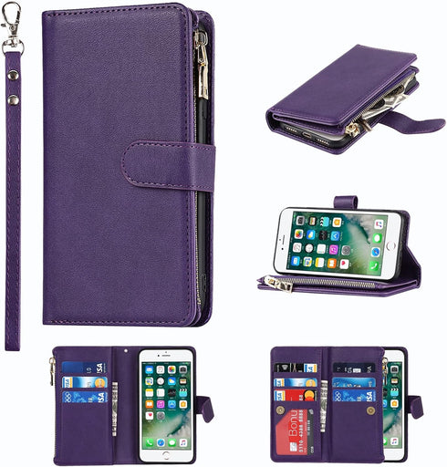 Jaorty Compatible with iPhone 7/8/iPhone SE 2nd 2020/iPhone SE 3rd 2022 Wallet Case, 9 Card Slots, Zipper Cash Pocket, Magnetic Leather Cover, Sho...