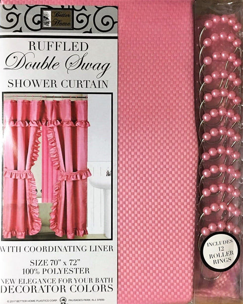 Mosaic Double Swag Fabric Shower Curtain, with Vinyl Liner and 12 Rolling Rings, 2 Tie Backs (Pink)...