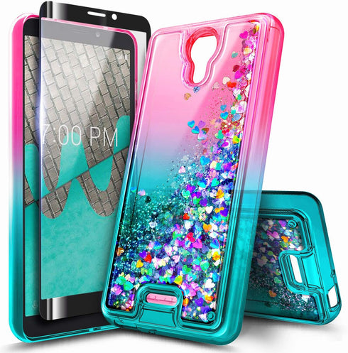 NZND Case for Cricket Icon 2 (2020) U325AC with Tempered Glass Screen Protector (Full Coverage), Glitter Liquid Floating Waterfall Girls Cute Phon...