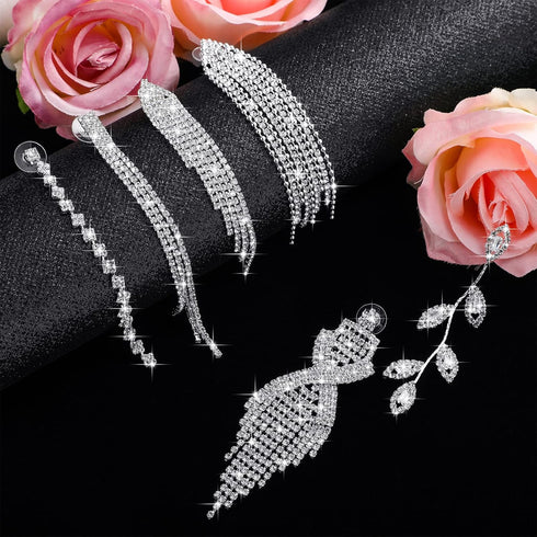 Sureio 6 Pairs Long Earrings Silver Chandelier Tassel Dangle Earrings for Women Wedding Prom Party Jewelry Fringe Rhinestone Earrings Boho Tassel ...