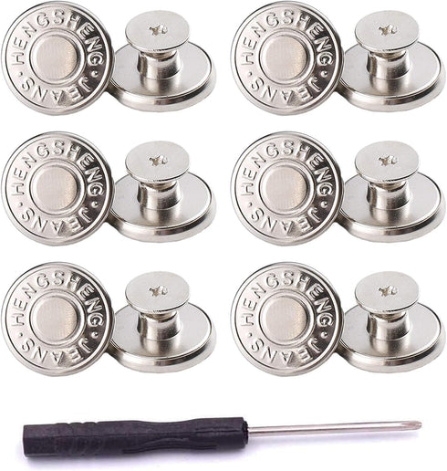 12 Sets Silver Jeans Buttons Replacement 17mm No Sewing Metal Button Repair Kit Nailess Removable Jean Buttons Replacement Combo Thread Rivets and...