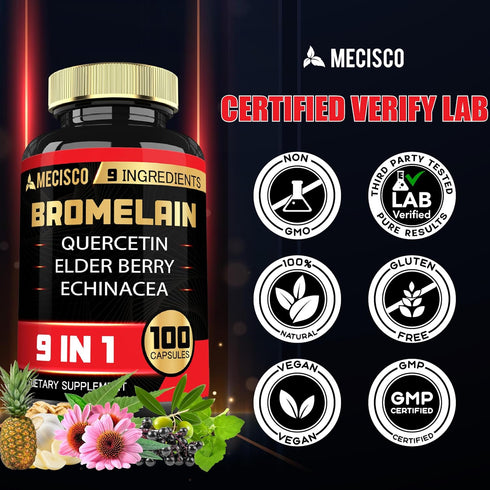 Bromelain 1000mg with Quercetin, Elderberry, Echinacea & More Supplement - 100 Capsules - Bromelain Quercetin Supplement Supports Digestive System...
