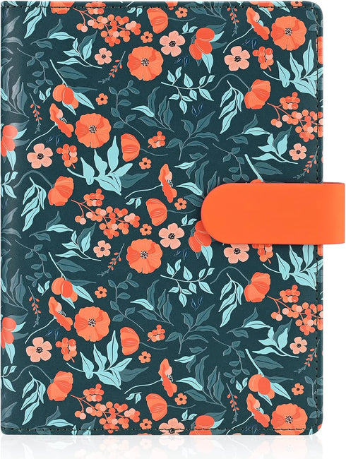A5 Floral Personal Organiser,PU Leather Binder Notebook Cover,Refillable A5 Journal Folio Portfolio Cover, 6 Ring Binder Organizer with Magnetic B...