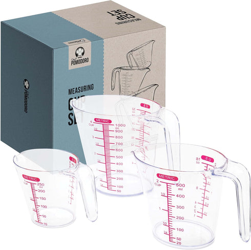 Chef Pomodoro 3-Piece Liquid Meausuring Cups Set - Ml and Oz Measuring Cup - Includes 1, 2 and 4 Cup, BPA-Free Plastic Measuring Cups for Liquids,...