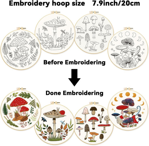 ORIGACH 4 Pcs Mushroom Embroidery Starters Kit for Beginners with Pattern and Instructions, Beginners Embroidery Stitch Practice kit Include Embro...