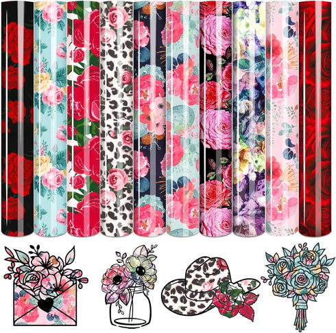 Tintnut Red Pink Rose 10 Sheets 10x12 Inch Floral Pattern HTV Iron On Vinyl for Clothes - Compatible with Cricut & Silhouette Cameo...