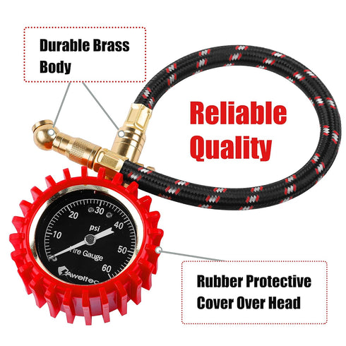 Tire Pressure Gauge 0-60 PSI Long Hose - Heavy Duty Tire Gauge High Accurate with Large 2 Inch Easy to Read Glow Dial, Low – High Tire Gauge for C...