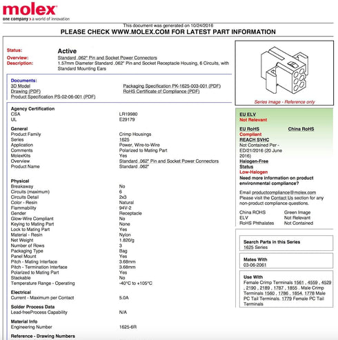 Molex (9-Circuits) Male & Female Receptacle Plug, w/Terminal sockets w/18-24 AWG Standard .062" Pins, Pitch 3.68mm...