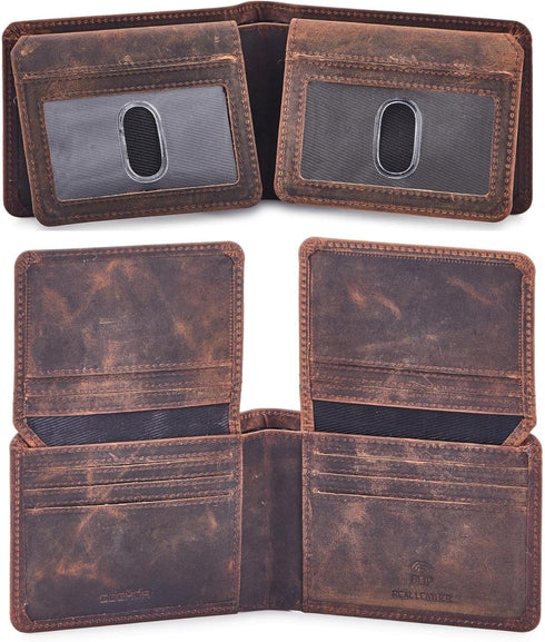 Mens Wallet Real Leather Bifold RFID Blocking High Capacity Card Case with 2 ID Window in Gift Box (Crazy Horse, Cognac)...