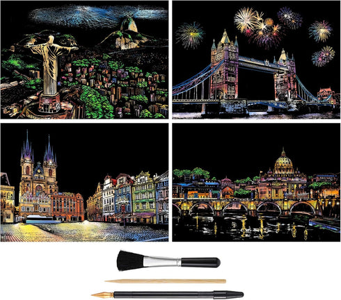 Rainbow Scratch Art Painting Paper (A4) for Kids & Adults, DIY Night View Scratchboard, Engraving Art Set: 4 Sheets Scratch Cards & Drawing Pen, C...