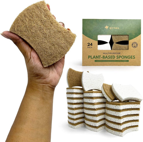 Biodegradable Natural Kitchen Sponge - Compostable Cellulose and Coconut Walnut Scrubber Sponge - Pack of 24 Eco Friendly Sponges for Dishes...