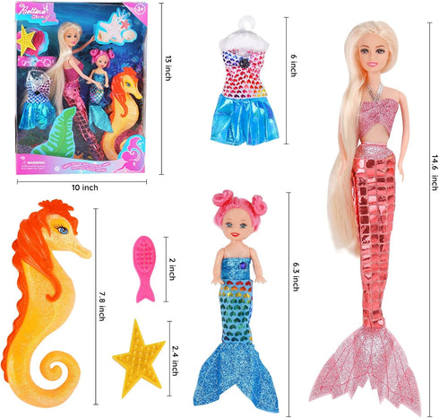 Princess Mermaid Dolls Playset, 12" Fashion Dress Doll with 4" Little Mermaid Seahorse Figurine and Accessories,Mermaid Toys Gifts for Girls Aged ...