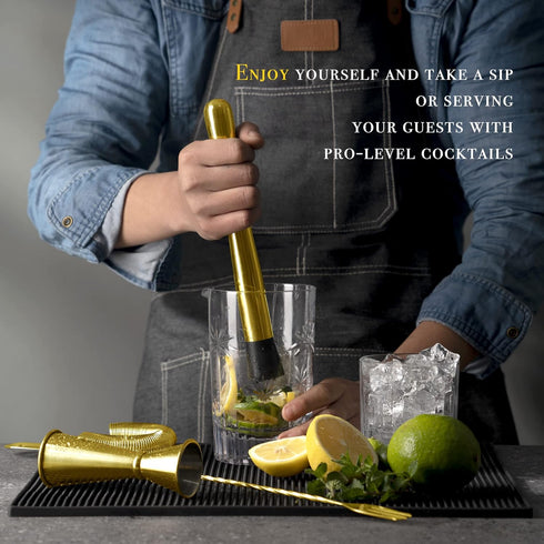 Homestia 10" Stainless Steel Muddler for Cocktails Drink Muddler, 12" Cocktail Spoon, 1 oz 2 oz Double Jigger, Basic 3 PCS Gold Cocktail Set Mixin...