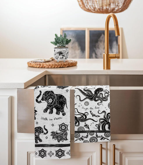 Karma Gifts Black and White Boho Tea Towel,Cotton, Sea Turtle...