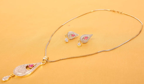 Touchstone Hollywood Glamour Cubic Zirconia CZs pear shape red faux ruby studded micron setting designer jewelry pendant set for women in gold and...