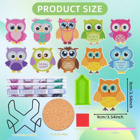 Fsnjcz 10 Pcs Owl Shaped Diamond Painting Coasters Kits with Holder DIY Owl Diamond Painting Coasters Kits Owl Diamond Painting Coasters for Begin...