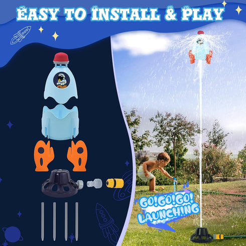 Outdoor Water Sprinkler for Kids & Toddlers - Rocket Design Water Powered Liftoff 9-16ft & Spin, Outside Kids Sprinkler for Yard Pool Garden - Sum...